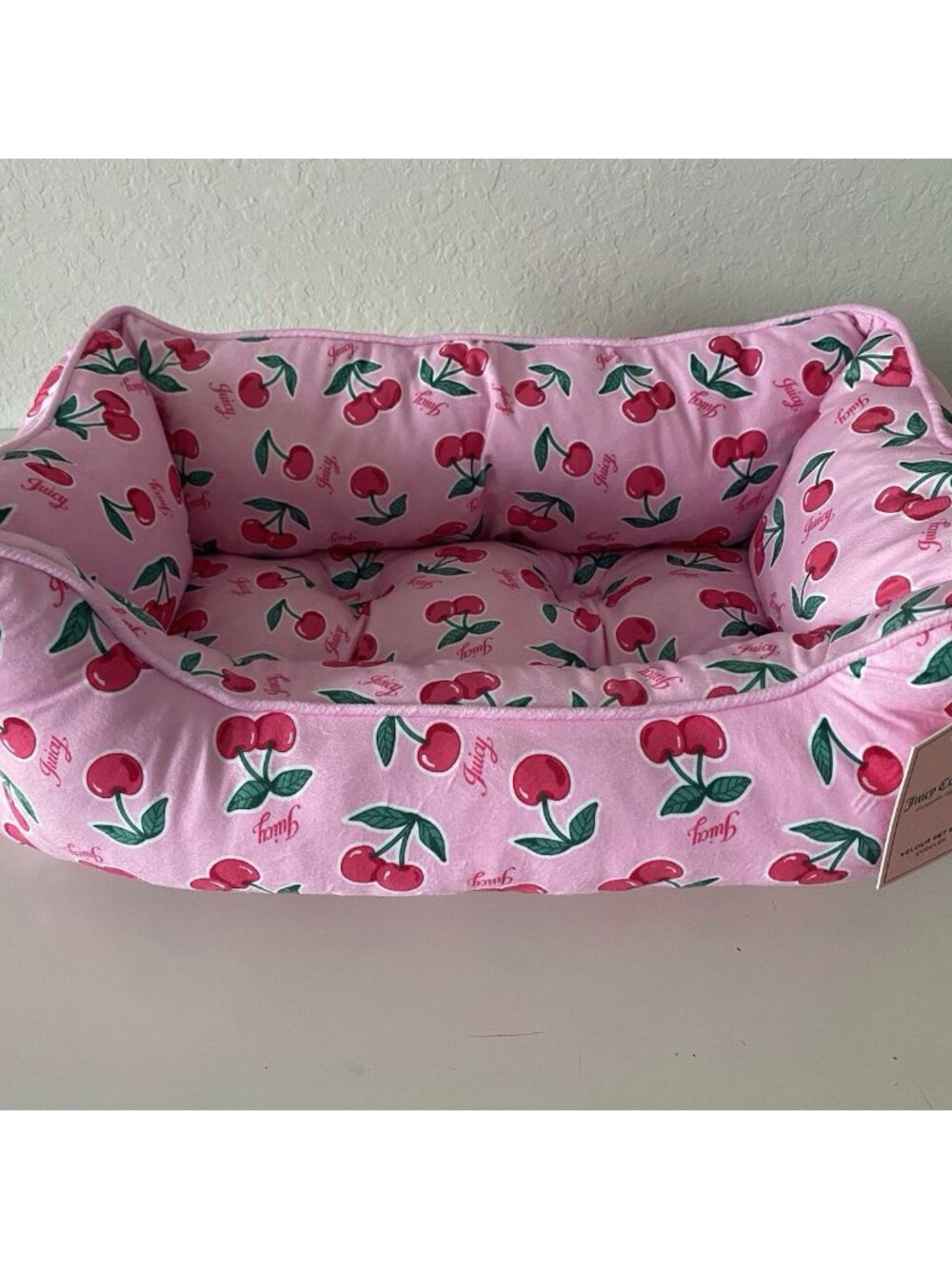 Juicy Couture Velour Cuddler Dog Pet Bed Cherries Cherry Pink 24” X 14” X 8” NEW